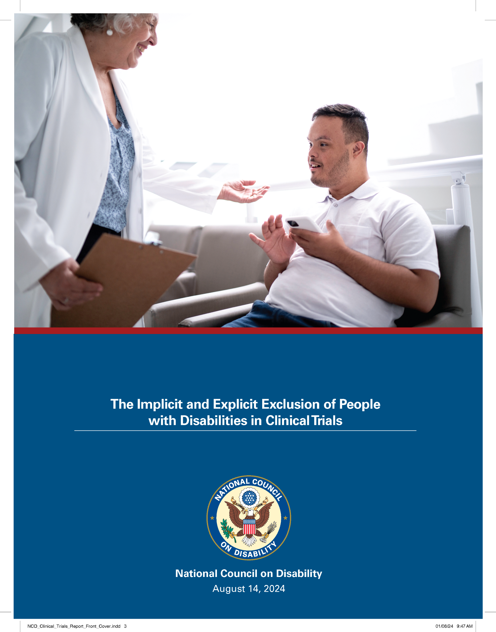 Woman in lab coat greets man with Down syndrome sitting in a chair. Cover includes NCD seal and report title.